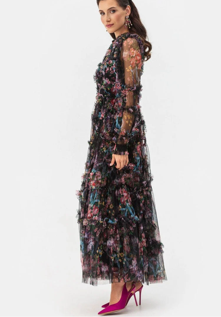 Vestido Tul Estampado Floral Tono Negro