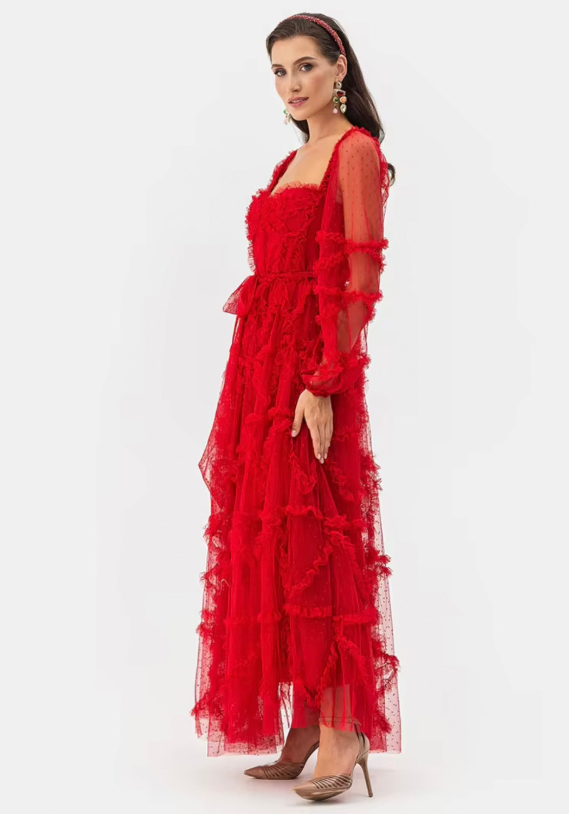 Vestido Tul Rojo Manga Larga Lunares