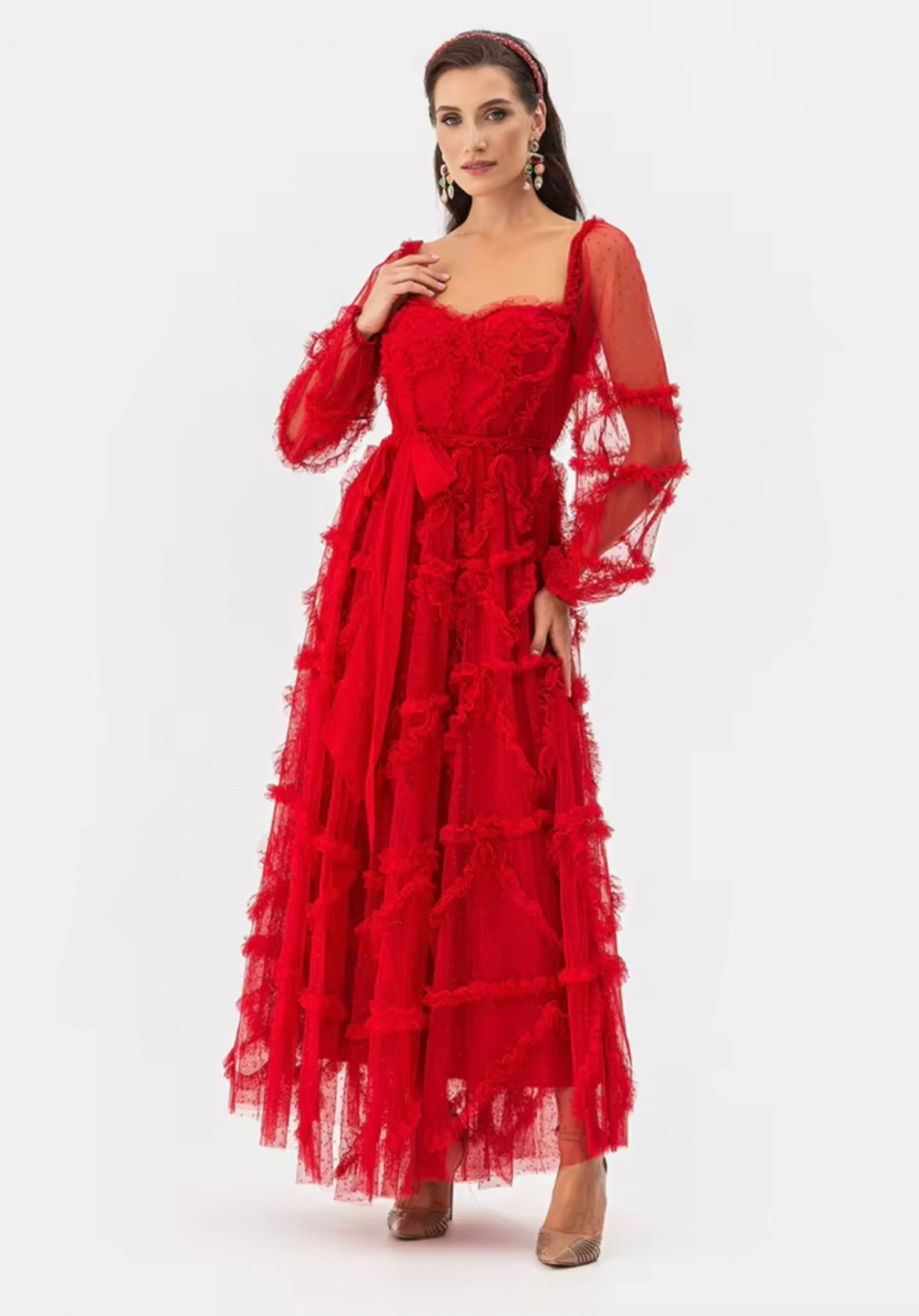 Vestido Tul Rojo Manga Larga Lunares