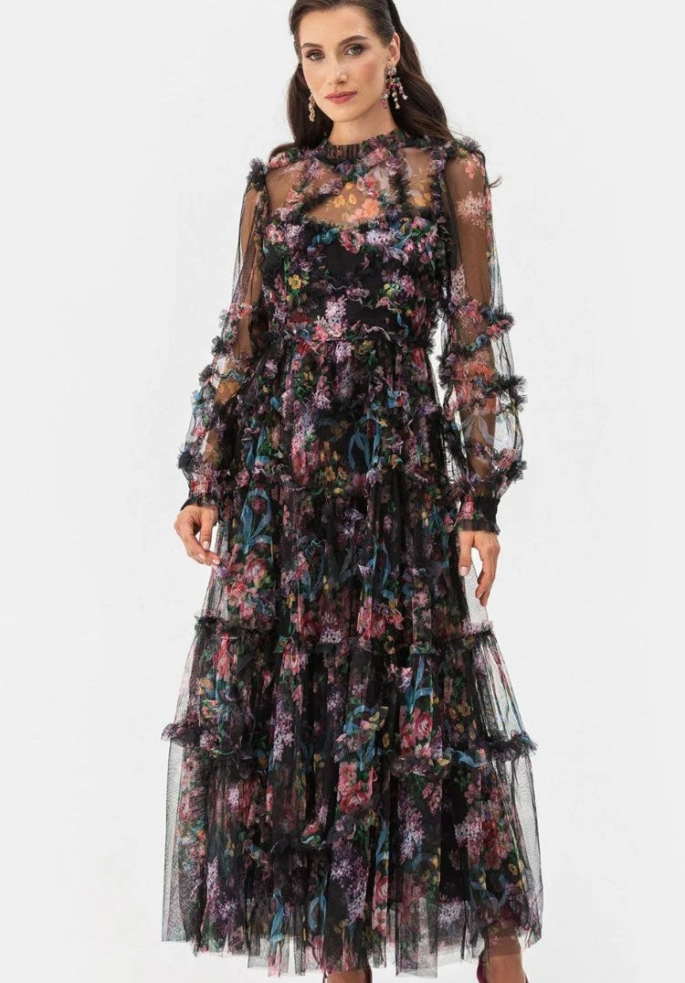 Vestido Tul Estampado Floral Tono Negro