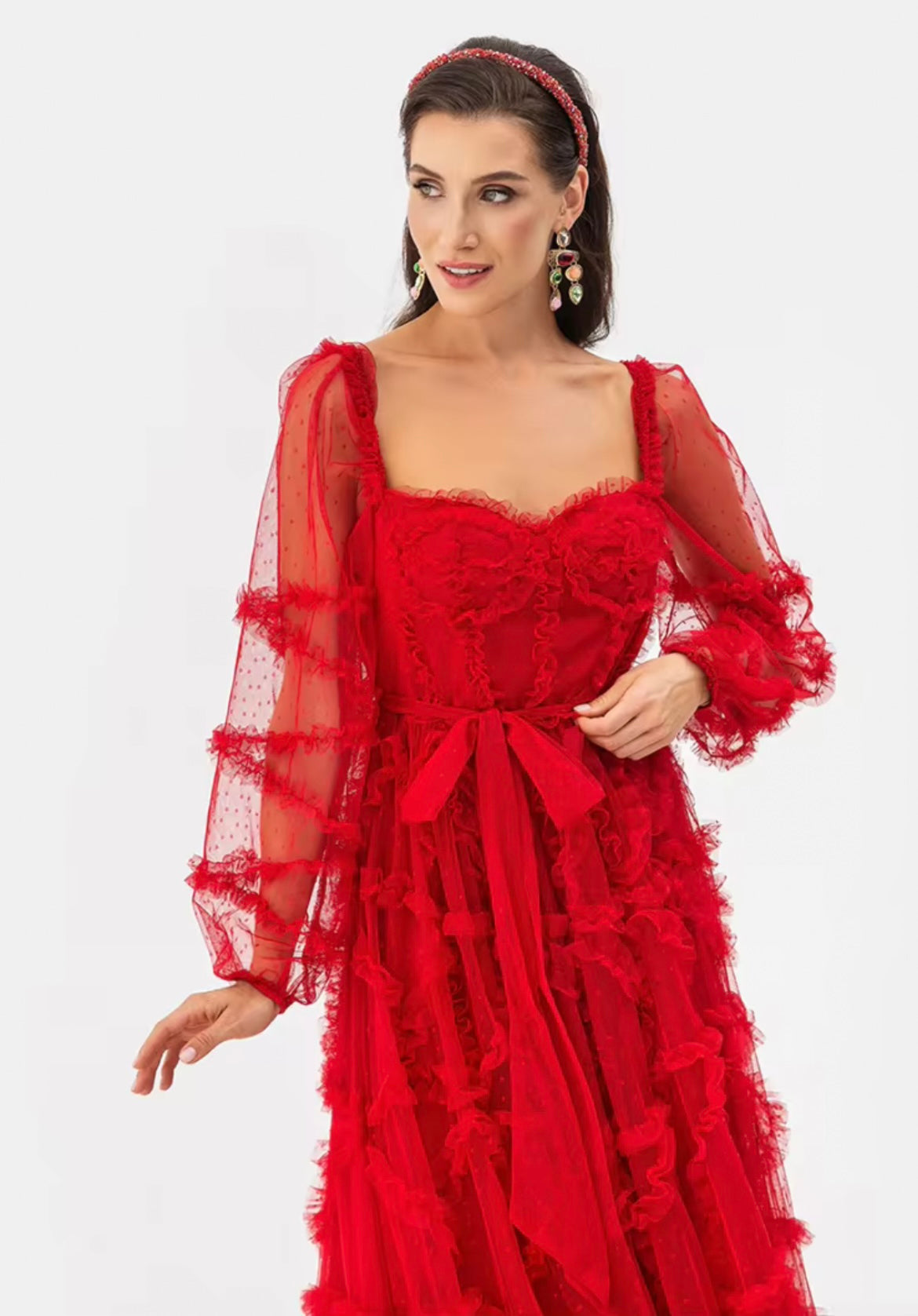 Vestido Tul Rojo Manga Larga Lunares