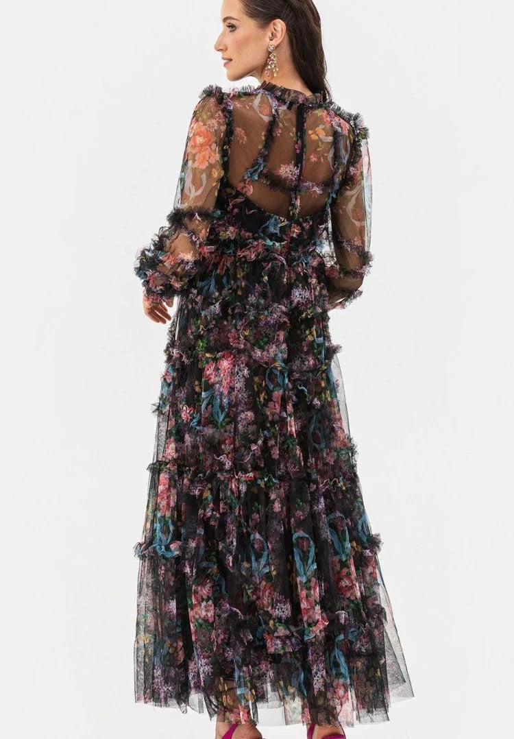 Vestido Tul Estampado Floral Tono Negro