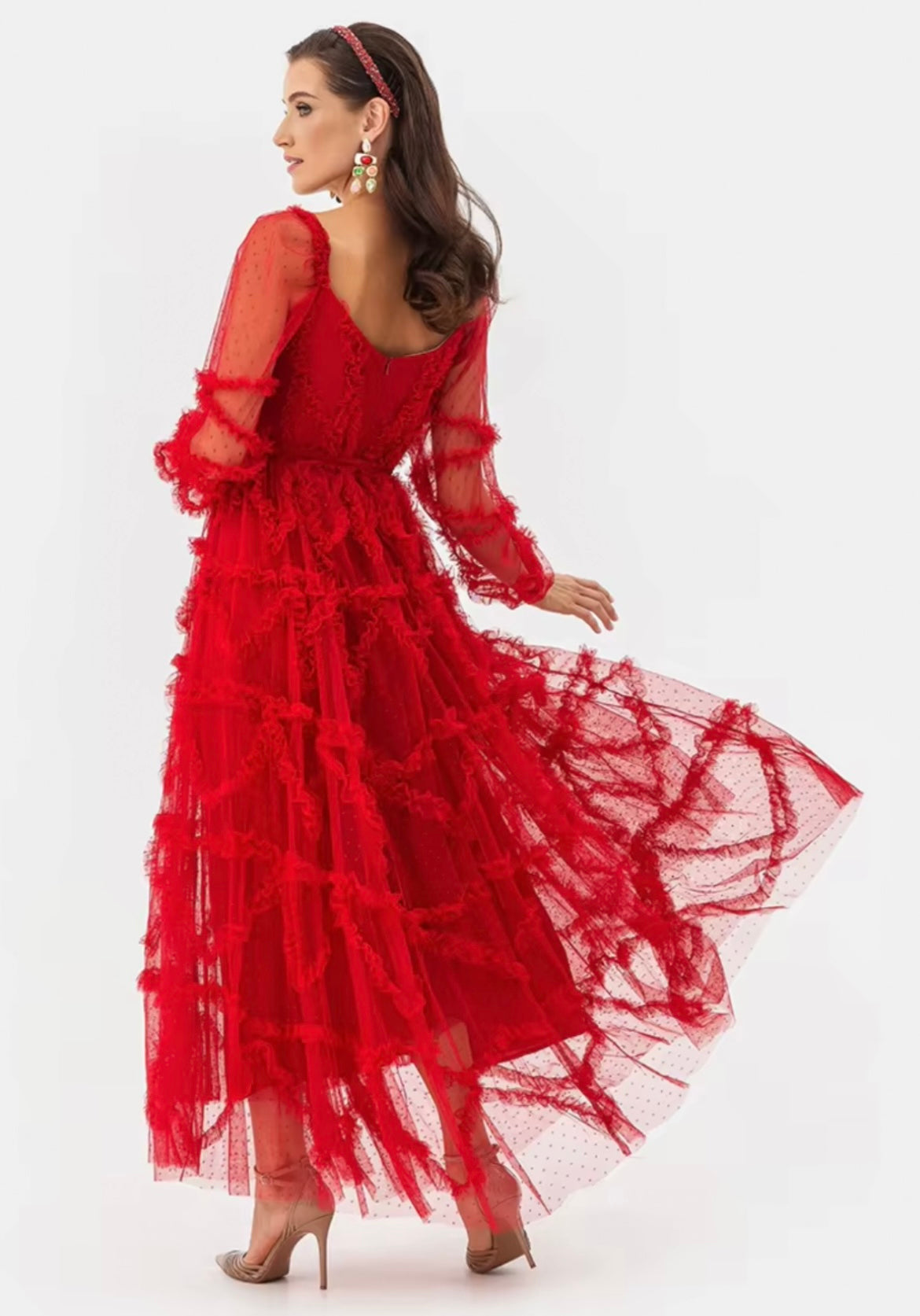 Vestido Tul Rojo Manga Larga Lunares